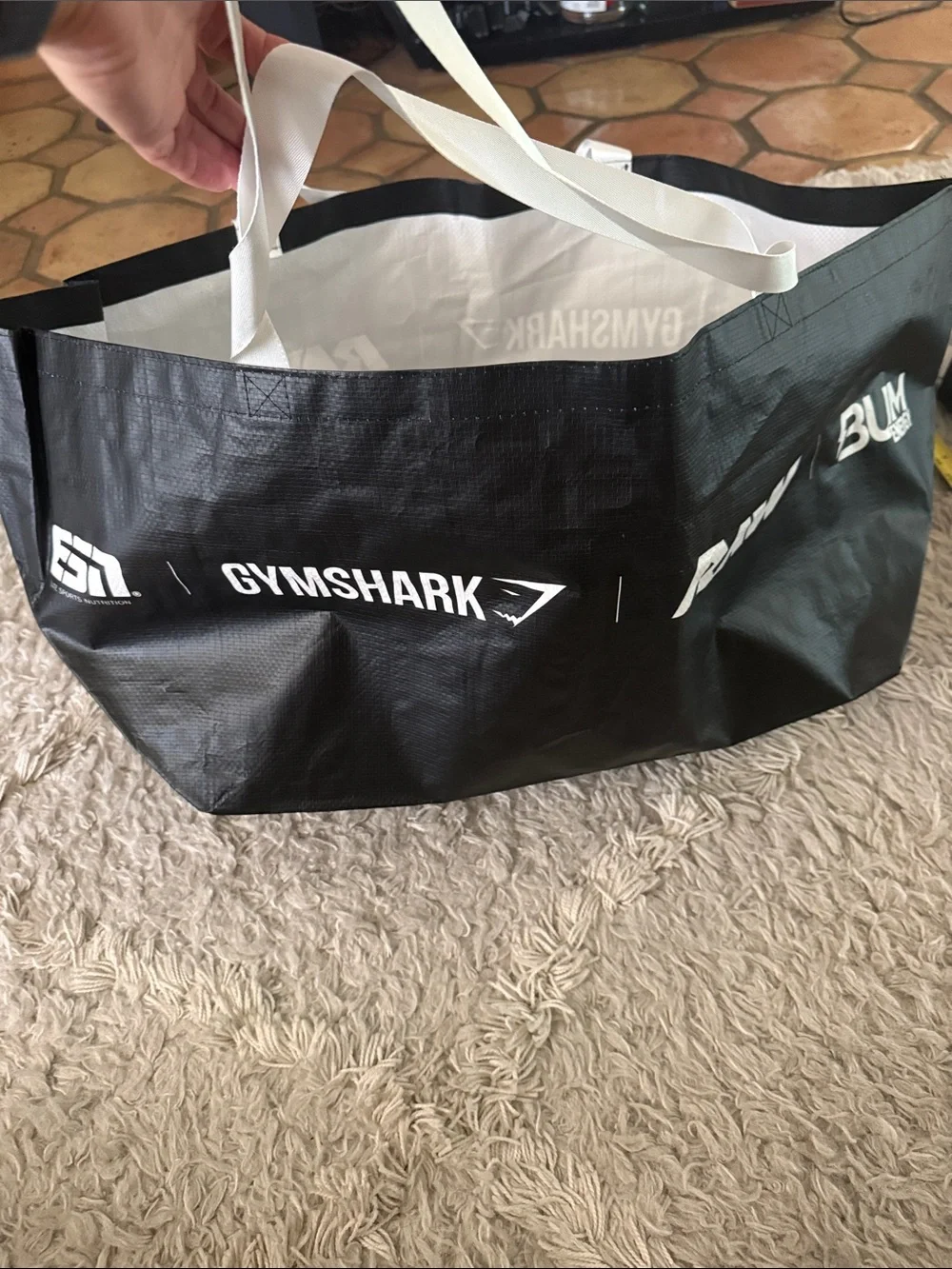 Gymshark Black Tote Bag with White Handles and Logos